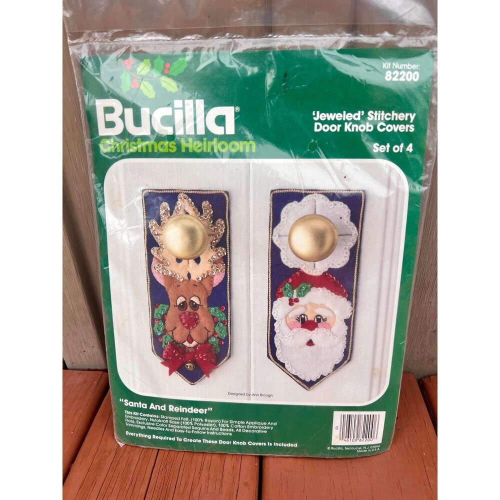 Vintage Bucilla Santa and Reindeer Jeweled Stitchery Door knob Covers 82200